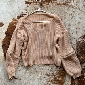 Tan V Neck Sweater with Balloon Sleeves